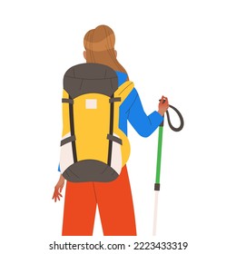 Woman Character Hiking in the Mountains with Pole and Backpack Standing Back View Vector Illustration