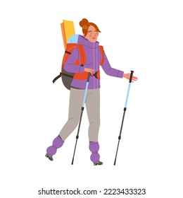 Woman Character Hiking in the Mountains with Pole and Backpack Vector Illustration