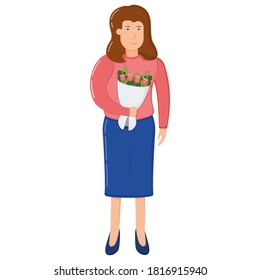 Woman character hold bouquet flower, design concept lovely floret, romantic flat vector illustration, isolated on white. Smiling female standing.