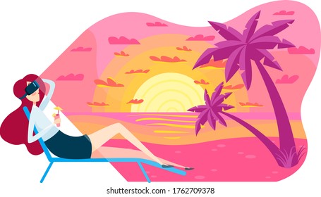 Woman character hold cocktail relax tropical sand beach, virtual reality world vacation trip isolated on white, cartoon vector illustration. Hot seafront place female pleasure vr summer ocean seaside.