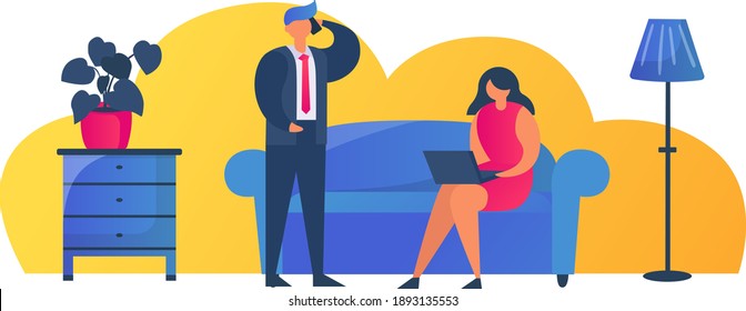 Woman character hold digital laptop, businessman mobile phone, people together business communication flat vector illustration, isolated on white. Concept cozy relaxing place rest room.