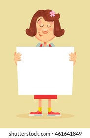 Woman character hold paper banner. Vector flat cartoon illustration