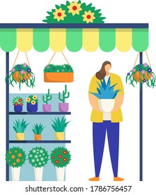 Woman character hold plants pot, female florist trade self grown flower and cactus isolated on white, flat vector illustration. Concept kiosk to sell house plant, decoration street market stall.