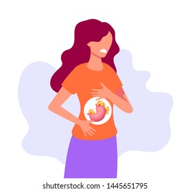 Woman character holding abdomen and feel pain. Heartburn and stomach problems concept. Vector flat cartoon graphic design illustration