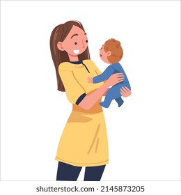 Woman Character Holding Baby with Arms Nursing Him Vector Illustration