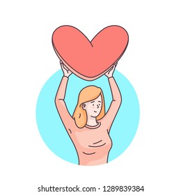 Woman character holding big loving heart over her head. Sending love message to beloved one. Flat style linear clipart illustration. Isolated vector on white. Valentine's day card design template