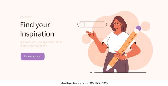 
Frauenfigur, die einen großen Bleistift hält und auf das Suchfeld zeigt. Geschäftsmetapher. Suche nach Möglichkeiten, Forschungs- und Entwicklungskonzept. Flacher Cartoon, Vektorgrafik.