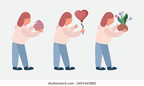 Woman character holding Easter egg, heart balloon and flowers. Vector isolated on white background. Vector illustration.