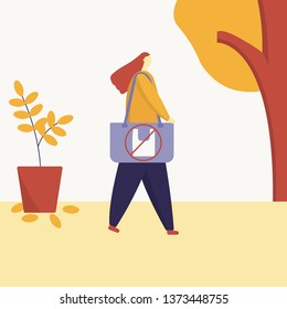  woman character holding fabric cloth bag tote, no plastic bags, stop global warming, stop using plastic bag. Vector illustration flat character design.