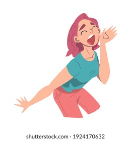 Woman Character Holding Hand Near Mouth and Shouting or Screaming Loud to the Side Vector Illustration
