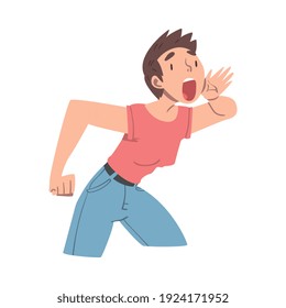 Woman Character Holding Hand Near Mouth and Shouting or Screaming Loud to the Side Vector Illustration