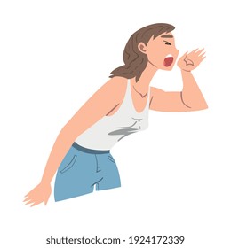 Woman Character Holding Hand Near Mouth and Shouting or Screaming Loud to the Side Vector Illustration