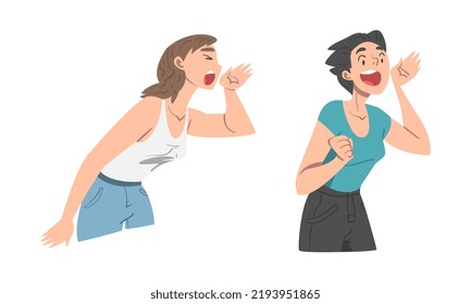 Woman Character Holding Hand Near Mouth and Shouting or Screaming Loud Vector Set