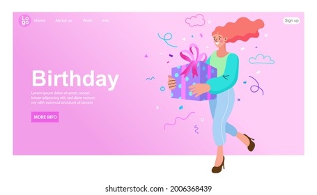 Woman Character Holding Huge Gift Box Wrapped with Ribbon, Present for Pregnant Woman Soon Baby Birthday Website Landing Page. Bonus or special offer. Flat Vector Illustration