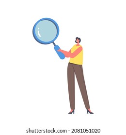 Woman Character Holding Magnifying Glass Looking Through It at Interrogation Points. Concept of Frequently Asked Questions, Query, Investigation, Search for Information. Cartoon Vector Illustration