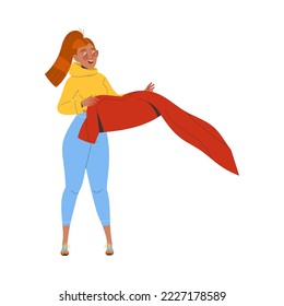 Woman Character Holding Red Cloth as Finish Symbol in Marathon Run Vector Illustration