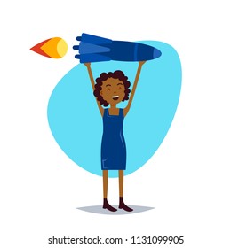 woman character holding rocket successful sturtup concept template for design work or animation over white background full length flat vector illustration