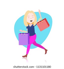 woman character holding shopping purchases bag template for design work or animation over white background full length flat vector illustration