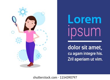 woman character holding zoom magnifying glass template for design work or animation over white background full length flat horizontal copy space vector illustration