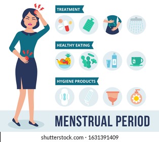 Woman character holds her stomach and feels menstrual pain. Infographics of menstrual period in flat style. Treatment, nutrition and hygiene in menstrual period. Vector illustration
