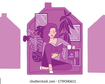 Woman character at home relaxing and reading a book. Surrounded by plants and picture frames. Miniature house. Stay home and stay safe with social distancing.
