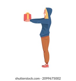 Woman Character in Hoodie Giving Gift Box Engaged in Holiday Congratulation Vector Illustration