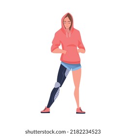 Woman Character in Hoody with Robotic Body Part or Limb Prosthesis Restoring Normal Functioning Vector Illustration