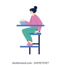 Woman Character with Hot Chocolate Mug Sitting on Chair in Cafe Enjoying Drink Vector Illustration