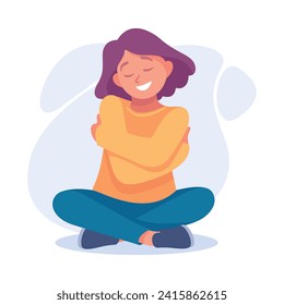 Woman Character Hug Herself Taking Care and Show Importance of Oneself Vector Illustration