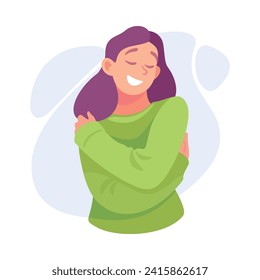 Woman Character Hug Herself Taking Care and Show Importance of Oneself Vector Illustration