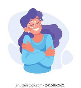 Woman Character Hug Herself Taking Care and Show Importance of Oneself Vector Illustration