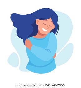 Woman Character Hug Herself Taking Care and Show Importance of Oneself Vector Illustration