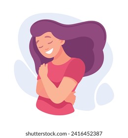 Woman Character Hug Herself Taking Care and Show Importance of Oneself Vector Illustration