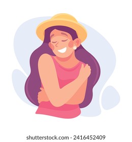 Woman Character Hug Herself Taking Care and Show Importance of Oneself Vector Illustration