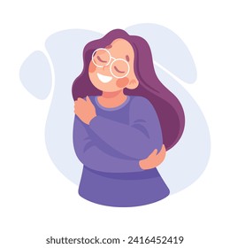 Woman Character Hug Herself Taking Care and Show Importance of Oneself Vector Illustration