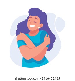 Woman Character Hug Herself Taking Care and Show Importance of Oneself Vector Illustration