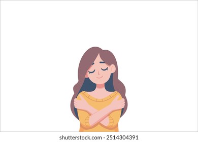 Woman Character Hug Herself Taking Care and Show Importance of Oneself. Vector Illustration.