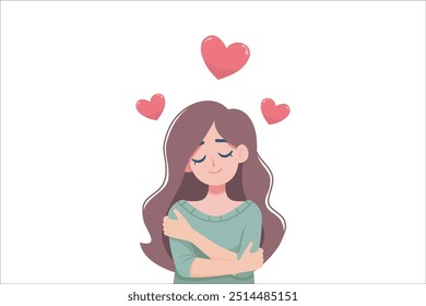 Woman Character Hug Herself Taking Care and Show Importance of Oneself. Vector Illustration.