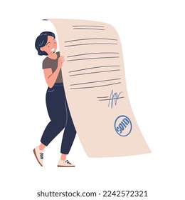 Woman Character with Huge Paper Document Making Contract and Deal Agreement Vector Illustration