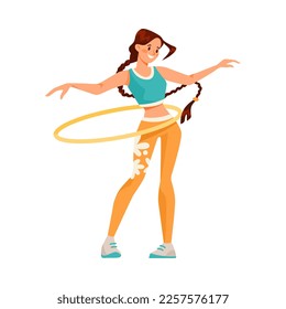 Woman Character with Hula Hoop Doing Sport Exercise Vector Illustration