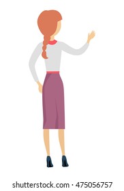 Woman character illustration in flat design. Female standing backwards with raised hand. Human pose template for taking thing from shelve, writing on desk, speaking act. Isolated on white.