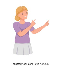 Woman Character Indicating Something Pointing with Index Finger as Hand Gesture Specifying Direction Vector Illustration