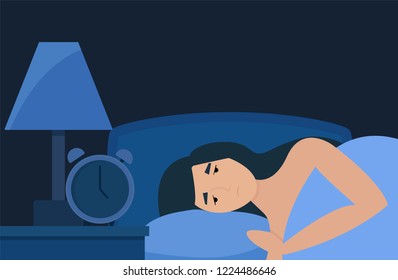 Woman character with insomnia or nightmare lying in bed at night bedroom background. Sleepless female sick blanket person bedding awake with dark tired sadness face cartoon vector illustration