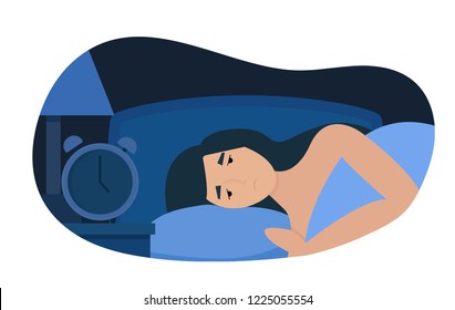 Woman character with insomnia or nightmare lying in bed at night bedroom background. Sleepless female sick blanket person bedding awake with dark tired sadness face cartoon vector illustration