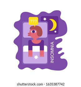 Woman character with insomnia or nightmare lying in bed. Vector illustration. Flat design element for leaflet, poster, banner.