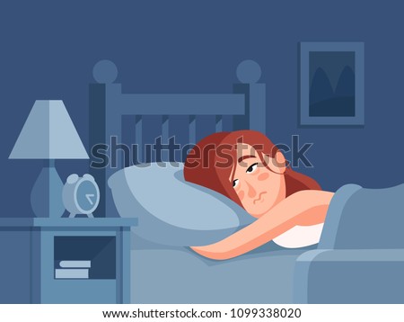 Woman character with insomnia or nightmare lying in bed at night bedroom background. Sleepless female sick blanket person bedding awake with dark tired sadness face cartoon vector illustration