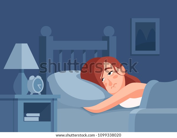 寝室の夜の背景に眠れない女性や悪夢の女性 眠れない女性の病気毛布の人が 暗く疲れた悲しみの顔の漫画のベクターイラスト を使って寝る のベクター画像素材 ロイヤリティフリー