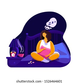 Woman character with insomnia or nightmare sitting in bed at night bedroom hug pillow because of fear Sleepless female sick blanket bedding awake with dark tired sadness face vector illustration