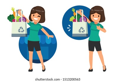 Woman character invited the reduce campaign use of plastic bags from supermarket and use fabric bag for environment.