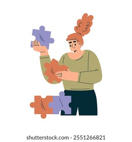 Woman Character with Jigsaw Puzzle as Productive Team Member Vector Illustration